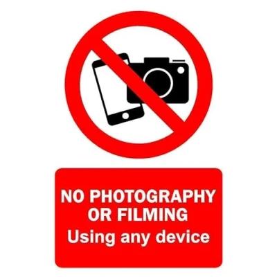 Image of No photography or filming using any device prohibition sign 3mm Aluminium (800mm x 600mm)