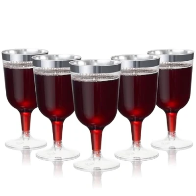 Image of MATANA 24 Elegant Clear Hard Plastic Wine Glasses with Silver Rim (180ml) Sturdy &amp; Reusable for Cocktails, Dessert Birthdays, Weddings, Christmas, BBQ, Picnic, Parties