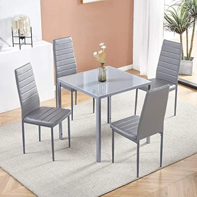 Image of Huisenuk Modern Grey Glass Dining Table and Chairs Set of 4 for Small Kitchen, 5 Piece Tempered Squre PU Leather Dinette Apartment Space Saving