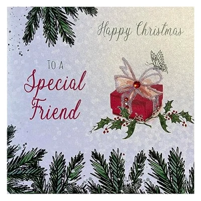 Image of WHITE COTTON CARDS X64 Happy Christmas To A Special Friend Handmade Card with Present Design, White,16cm x 16cm