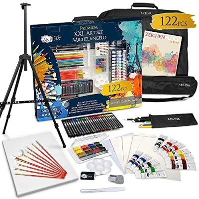 Image of Artina 122pcs XXL Easel Art Set Michelangelo Beginner Painting Studio with Acrylic Paints, Colouring Pencils, Watercolour, Pastels, Canvas &amp; Brushes Artist Drawing Kit Box
