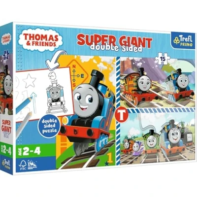 Image of Trefl 3 in 1 Thomas &amp; Friends 15 Piece Jigsaw Puzzle for Kids Super Giant Double Sided The Tank Engine Puzzles Colouring Games Children Aged 2+