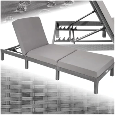 Image of TecTake® Luxury Rattan Garden Sun Lounger with 6 Adjustable Backrest Positions, Comfortable Padding and Stylish Design, Stable Steel Frame, Easy Care, for Garden, Patio, Pool grey
