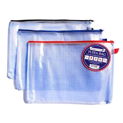 Image of A3 Tuff Bag Zip Wallet Clear Plastic Wallets Zipped Pouch File Pencil Case Folder Water Resistant Reinforced Heavy Duty Mesh Bags (Fits 6 Pack)