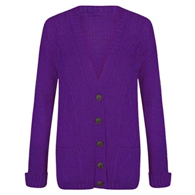 Image of WearAll Womens Cable Knitted Button Cardigan Long Sleeve Ladies Boyfriend Top Purple 20 22