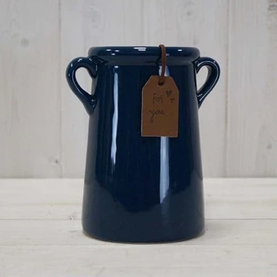 Image of 14cm Blue Ceramic Pot with Handles &amp; Tag Flower Stem Vase Gift Home Decor