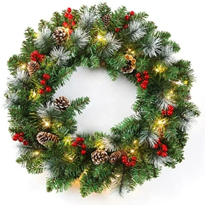Image of 24 inch Christmas Wreath Decorative With Light Door Winter Pine Cone (Snow Berries Pine)