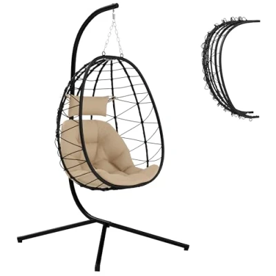 Image of Outsunny Hanging Egg Chair Outdoor Indoor Garden Swing with Folding Basket, Thickened Cushion, Stand, Headrest for Patio, Balcony, Khaki