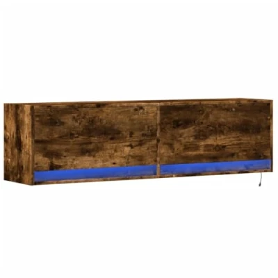 Image of vidaXL Floating TV Wall Cabinet Smoked Oak LED Lights, 140x31x38cm, Engineered Wood, 2 Drawers, Modern Unit