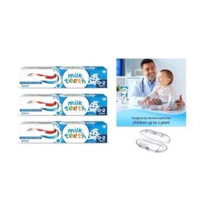 Image of Sanitral Baby 0 2 Years Oral Care Set Aqua Fresh Milk Teeth Babies Toothpaste 3x50ml + Silicone Finger Toothbrush (Set of 4)