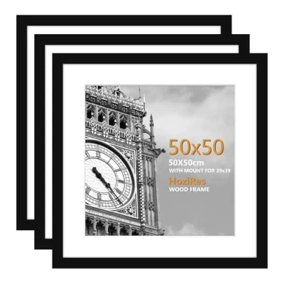Image of HoziRes 50x50cm frame Square Picture Frames, Wooden Photo Frames with Mount in Black, Set of 3 for Tabletop and Wall Mounting, 50x50 19 x inch Poster Printing