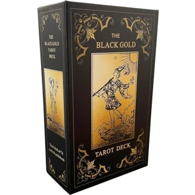 Image of Black Gold Tarot Cards Set, for Beginners with Meanings on Them, Deck Guide Book, Gilded Edges