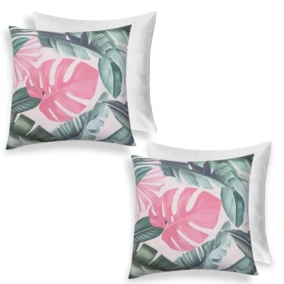 Image of Brentfords Outdoor Filled Cushions with Covers Tropical Print, Water Resistant Garden Furniture Pillows Super Soft Comfy Cushion Pads 2 Pack, Green 45x45cm