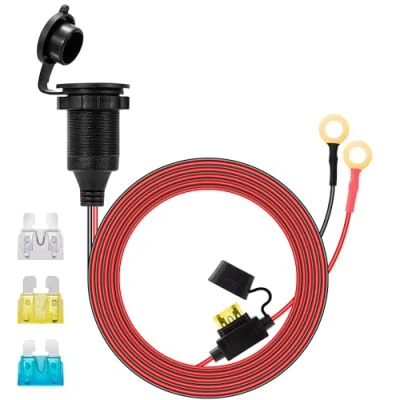 Image of GUNGY 2 M Cigarette Lighter Socket Waterproof 12V/24V DC Car Fixed with 14AWG Extension Cable Built in 20A Fuse and 15A/20A/25A Replacement Fuses