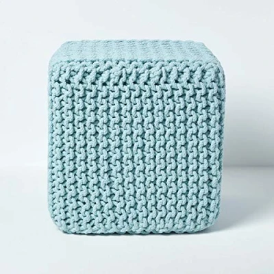 Image of HOMESCAPES Duck Egg Blue Knitted Cube Footstool Bean Filled 100% Cotton for Living Room Children or the Elderly