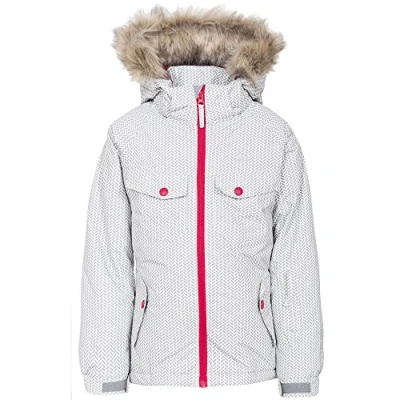 Image of Trespass Denia, Platinum Print, 2/3, Waterproof Ski Jacket with removable Hood, Snow Catcher &amp; Pass Pocket for Kids / Girls, Age 2 3, Grey