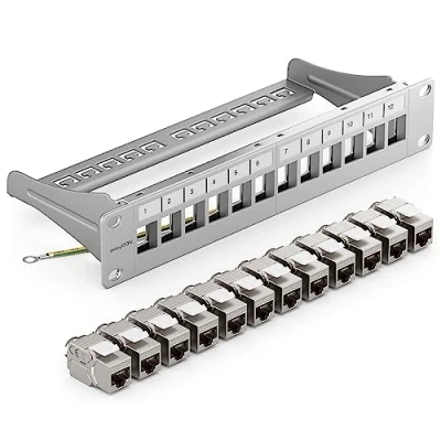 Image of deleyCON 12 Port CAT7 Patch Panel Set Distribution Modular 1 U 10 Inch Rack Mounting + 12x CAT 7 Keystone Module RJ45 LAN Network Gbit/s 600 MHz Installation Cable Grey