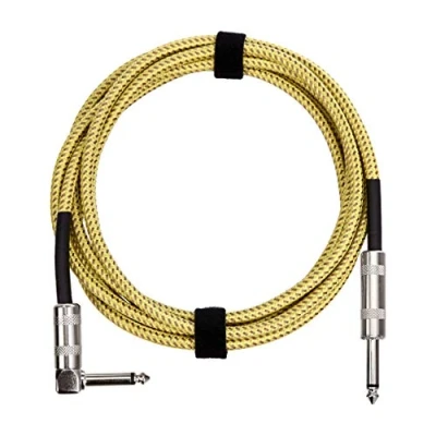 Image of Amazon Basics 1/4 inches/6.35 mm Noiseless Connector, Tweed Braided Cloth Jacket Straight to Right Angle Instrument Auxiliary Cable for Electric Guitar, Bass, Keyboards, 10 ft/3 m, Yellow &amp; Brown