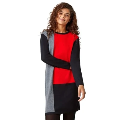 Image of Roman Originals Knitted Jumper Dress for Women UK Ladies Colour Block Winter Autumn Smart Casual Office Bodycon Workwear Everyday Long Sleeve Knee Length Knit Pocket Red Grey Size 18
