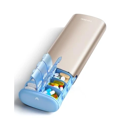 Image of Vaydeer 7 Day Weekly Pill Organizer (Support 2 Times a Day), Metal Travel Case, Large Capacity Daily Cute Box for Supplements, Pills, Vitamins and Medication(Champagne)