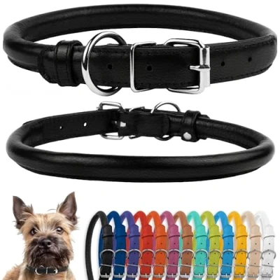 Image of CollarDirect Rolled Leather Dog Collar, Soft Padded Round Puppy Handmade Genuine Collar Small Large Cat Collars Black Pink Red Purple Blue (Fits 7&quot; 9&quot; Neck, Black)