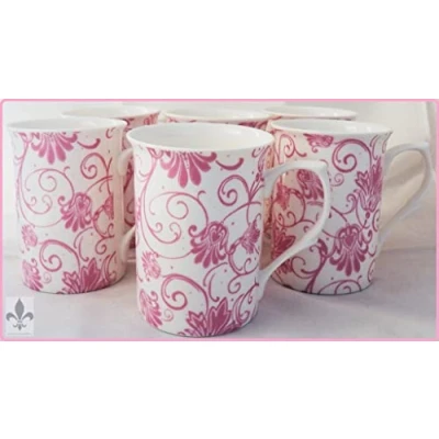 Image of fromeuropewithlove Parisian Mugs Set 6 Fine Bone China Pink Floral Swirl Cups Hand Decorated in UK