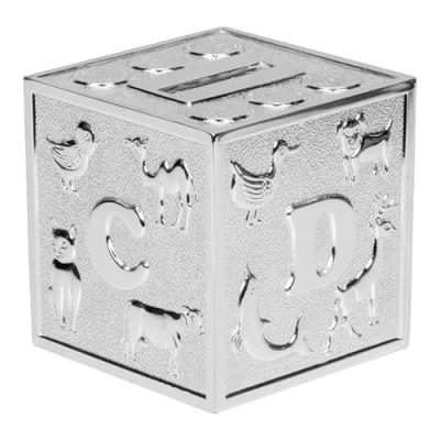 Image of ABC Cube Money Box 12.5cm Silver Plated Bank for New Baby or Christening. Comes boxed 3056