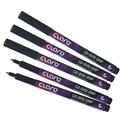 Image of claro Permanent Marker Pens, BLACK, Fine Tip, Pack of 5, CD DVD OHP Markers, UV Resistant, Waterproof Ink, Long Cap Off, ZOFAX Black Ball Pen
