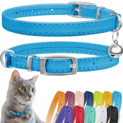 Image of CollarDirect Leather Cat Collar, Safety Collar with Elastic Strap, Kitten for Bell Black Blue Red Orange Lime Green (Neck Fit 6&quot; 7&quot;, Light Blue)