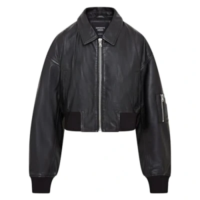 Image of Womens Oversized Black MA 1 Leather Bomber Varsity Jacket