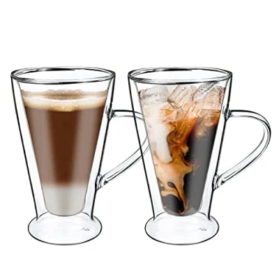 Image of Vinsani CASA Double Walled Coffee Drink Glasses Tea Cup Mug 400ml Set of 2 Heat Cold Resistant Aesthetic Clear Borosilicate Glass with Handle Cappuccino Latte Dessert Hot and Drinks
