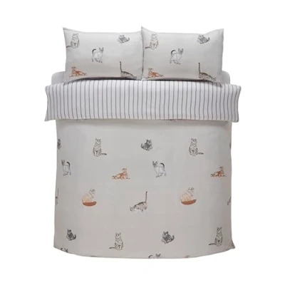 Image of Rapport Home Cats Bedding Set Purrfect Microfibre 180TC Reversible Double Grey Duvet Cover