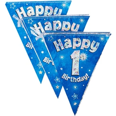Image of OakTree Happy 1st Birthday Party Bunting, Foil, Blue, 10 x 1 cm