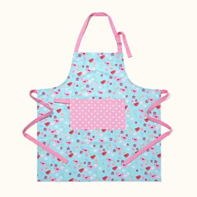 Image of HOMESCAPES Pure Cotton Unisex Apron with Pocket Birds and Flowers Pink Blue 80 x 85 cm Fully Coordinated Washable Kitchen Linen