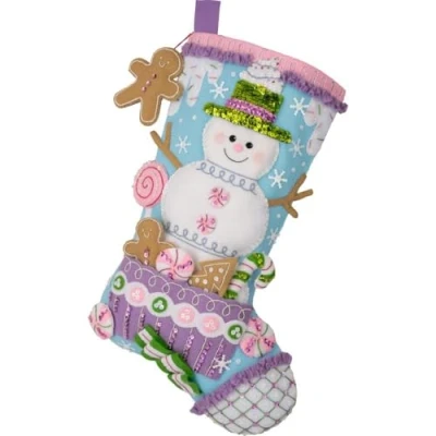 Image of Bucilla, Snowman&#039;s Candy Confections, Felt Applique 18&quot; Stocking Making Kit, Perfect for DIY Arts and Crafts, 89729E