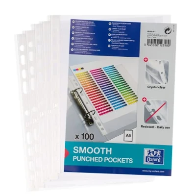 Image of Oxford Elba A5 60 microns Standard Punched Pockets (Bag of 100), Clear, 400025671