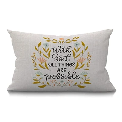 Image of BGBDEIA Cushion Cover with God All Things are Possible Inspirational Quote Branches Flowers Rectangular Throw Pillow for Couch Sofa Home Decor Cotton Linen 12x20 Inch 30 x 50 cm