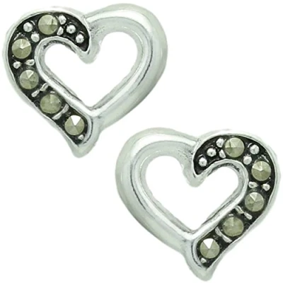 Image of The Goldmine Genuine 925 Sterling Silver and Marcasite Open Heart Stud Earrings with Butterfly Backs incl. FREE Presentation Box UK delivery