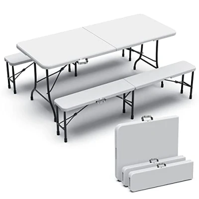 Image of VOUNOT Folding Table Bench Set Trestle Portable Party Picnic BBQ Camping With Metal Frame Indoor Outdoor Garden, White