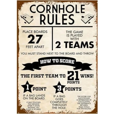 Image of Cornhole Rules Sign Retro Vintage Metal Games Tin Wall Poster Decor Funny Bar Coffee Club Pub Gift 8x12 Inch