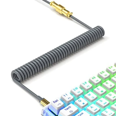 Image of XINMENG C02 Custom Coiled Gaming Keyboard Cable, USB C to A TPU Mechanical Gold Detachable Metal Aviator Double Sleeved Wire for Keyboard/Tablet/Mac/Win/Cellphone Grey