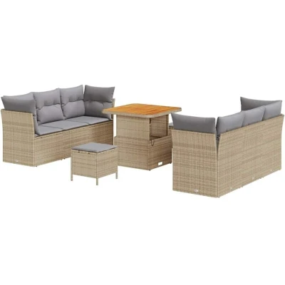 Image of vidaXL 9 Piece Garden Sofa Set with Cushions Beige Poly Rattan Acacia