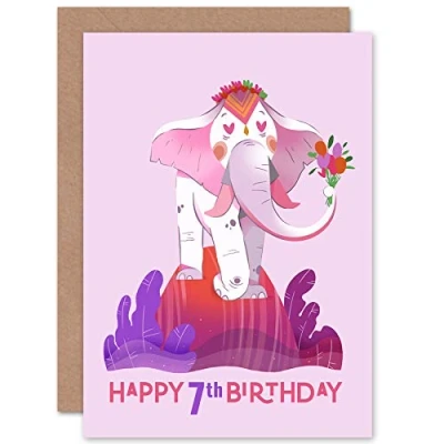 Image of Wee Blue Coo Elephant Flower Birthday 7th Greetings Card
