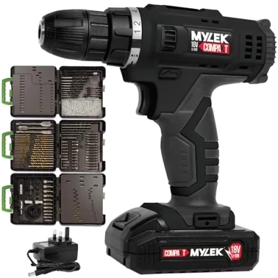 Image of MYLEK MYW09 18V Cordless Drill Electric Screwdriver Set, Powerful Lithium Ion Battery Pack, 18 Volts Combi Driver with 4ORCE Accessory Kit (204 Piece)