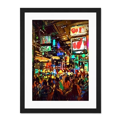 Image of Wee Blue Coo Crowded Cityscape at Night Large Framed Art Print Wall Poster 18x24 inch