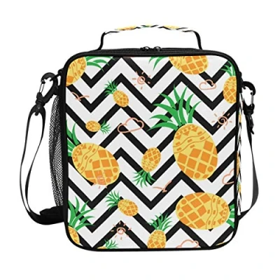 Image of FFY Go Girls Pineapple Lunch Bags Yellow Chevron Large Insulated Box Tote Bag Cold Thermal Freezable Shoulder Strap for Kids Teen School Work