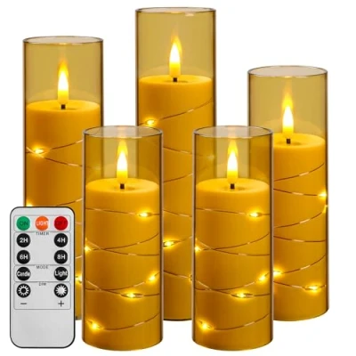 Image of Da by LED Candle Light with String Lights, Battery Opowered Remote Control and 24 Hour Timer, Flickering Flameless for Christmas Decoration, Home Decoration(Golden, Set of 5)
