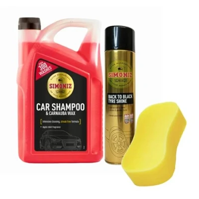 Image of Car Shampoo &amp; Tyre Shine Bundle Simoniz Dual Action Wash with Carnauba Wax 5L, Back to Black Spray 600ml Large Foam Sponge for Intensive Long Lasting Cleaning Card