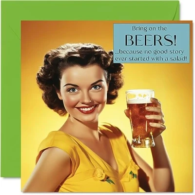 Image of Fun Birthday Cards for Women Bring On The Beers Card Sister Daughter Bestie Work Colleague, 145mm x Joke Humour Banter Bday Greeting