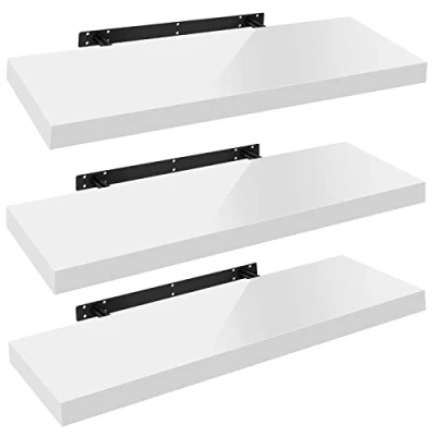 Image of WOLTU High Gloss Floating Shelves,Set of 3 Wall Shelf,CD DVD Storage Corner Shelf, Premium Wooden Shelves for Bedroom LivingRoom kitchen 120x22.9x3.8cm, White, RG9484ws